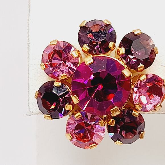Vintage Made in Austria Pink Rhinestone Earrings Clip On Mid Century Jewelry - Picture 4 of 10